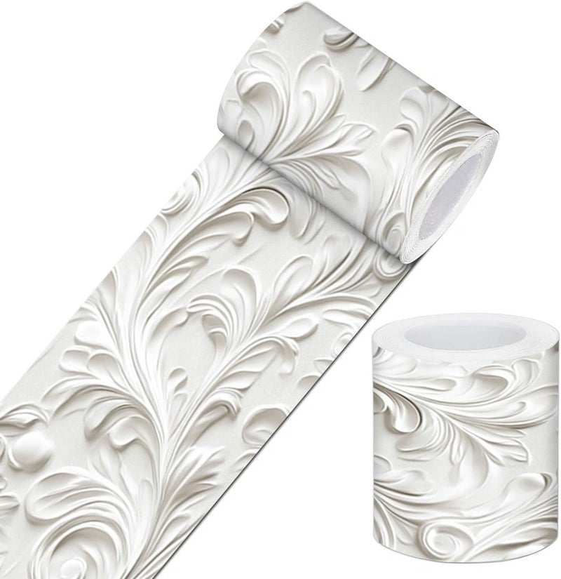 IVN Wallpaper Border Peel and Stick Wall Accent 4x196 Inch PVC White Embossed Vine Pattern Self Adhesive Decorative Wall Trim for Living Room Hallway Bedroom Elegant Classic Style - Image 1